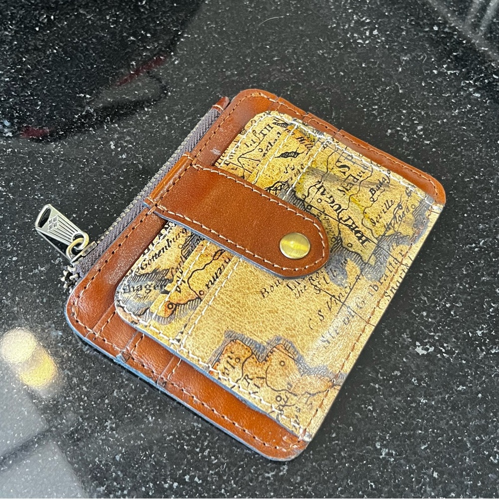 Patricia Nash Brown & Cream Map-Print Leather Card Holder with Snap